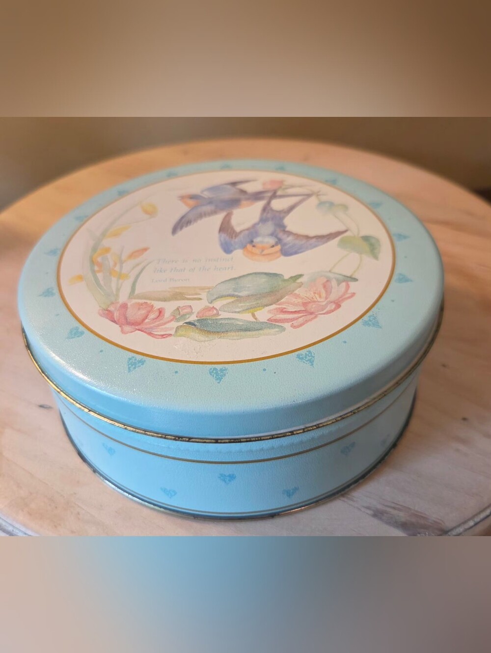 Vtg 1990 Hershey’s Traditional Series Round Metal Tin Empty Blue Swallows Birds